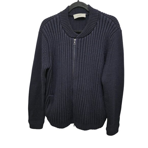 PRINGLE OF SCOTLAND 100% WOOL Navy Blue Ribbed Knit GRANPA CORE Full Zip Sweater - Picture 1 of 8